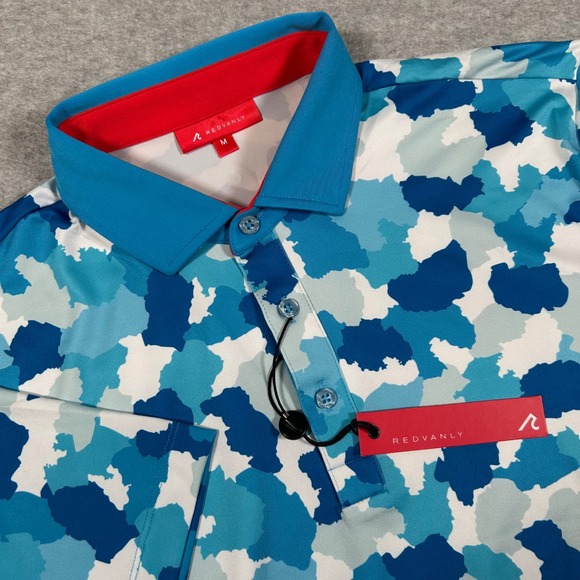 Redvanly Dawson Polo Shirt Men M Blue Camo Geometric Performance Stretch NEW NWT